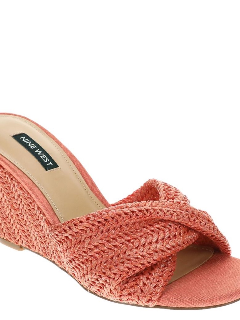 Nine West Nikhil 2 Twist Wedge Orange Raffia Coral Braided Sandal 8M *NIB*